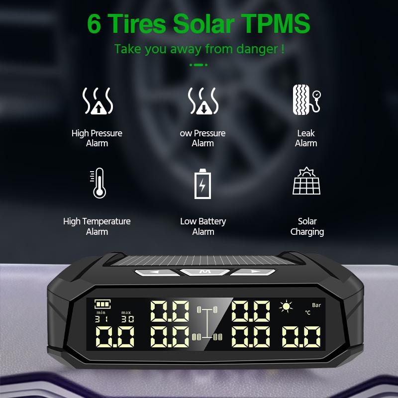 YANGOOD Solar-Powered TPMS for 6 Tires Real-Time External Sensors Universal for Truck RV Car Alarm Wireless Digital Display
