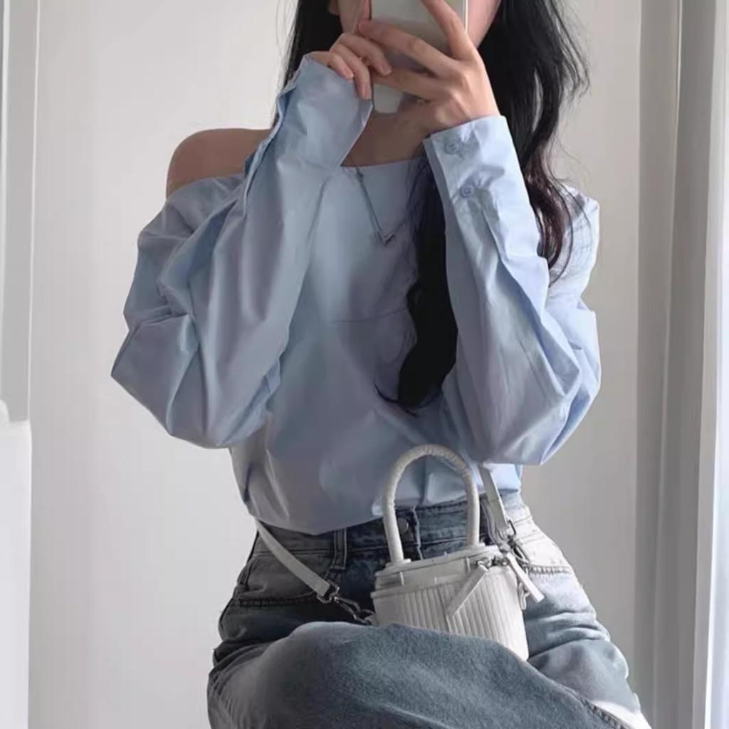 Рубашка с открытыми плечами, женская сексуальная однотонная тонкая рубашка на одно плечо, летняя рубашка с длинными рукавами, дизайнерский топ