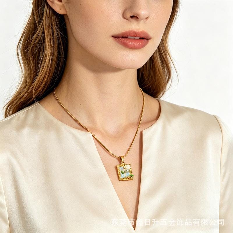 New titanium steel necklace with a Monet garden oil painting design, featuring floral and pearl accents18k Gold stainless steel jewelry