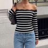 Women Off Shoulder Crop Top Y2k Long Sleeve Lace Trim Ribbed Knit Shirt Stripe Slim Fit