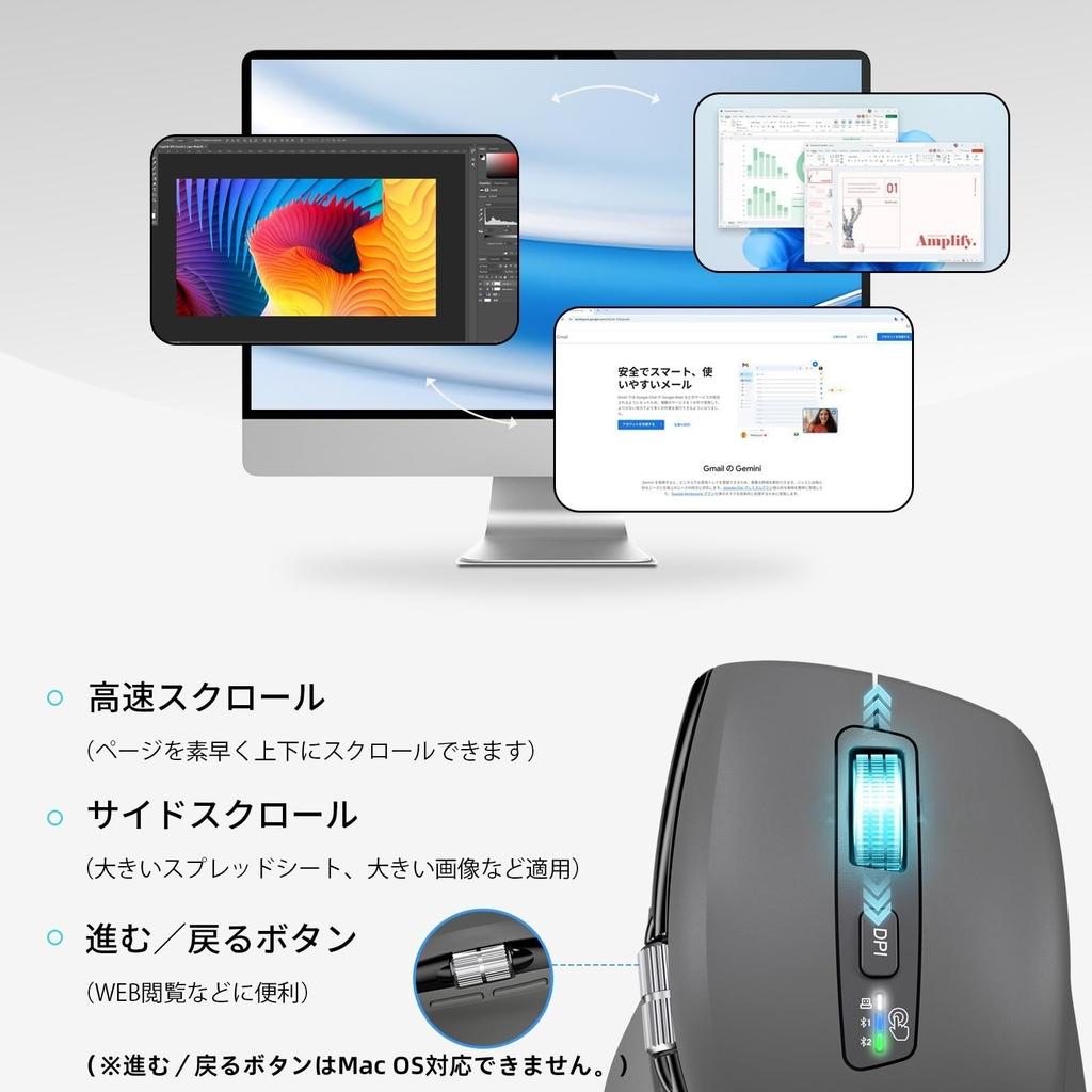 Беспроводная Bluetooth-мышь INFINMIND с быстрым DPI, боковой кнопкой для большого пальца, серая, Переключение, Прокрутка, Многоустройственная и Совместимая, Эргономичная, Бесшумная,