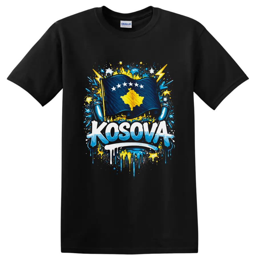 Kosovo Flag Graphic T Shirt w/ Blue Yellow Paint Splash Patriotic Pride Art Tee