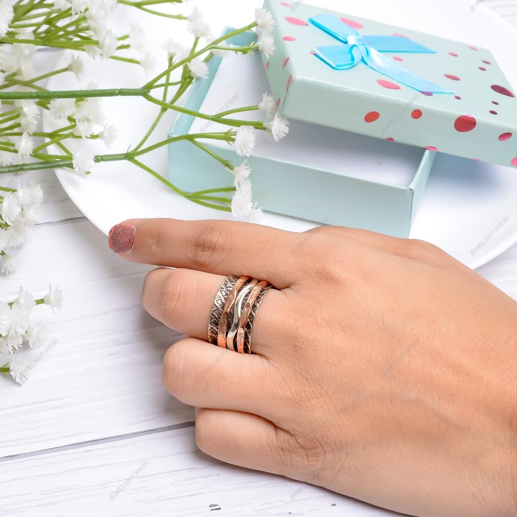 Triple Tone Spinner Silver Ring Handmade Ring Gemstone Ring Statement Ring Boho Silver Ring