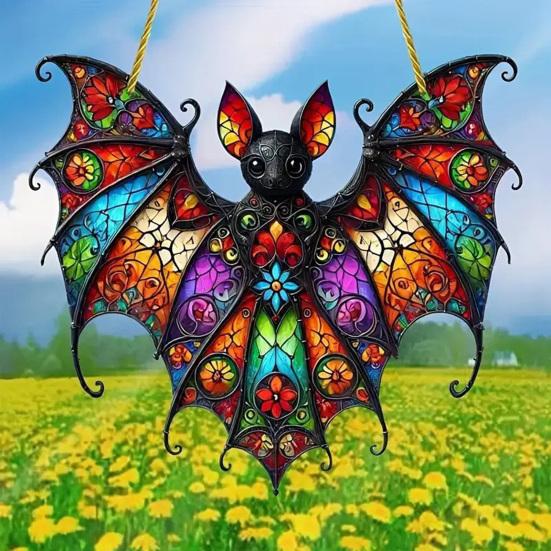 Halloween Colorful Bat Hanging Decoration Stained Glass 2D Flat Acrylic Witch Hat Suncatcher Indoor Outdoor Wall Window Hanging Sign Ornament