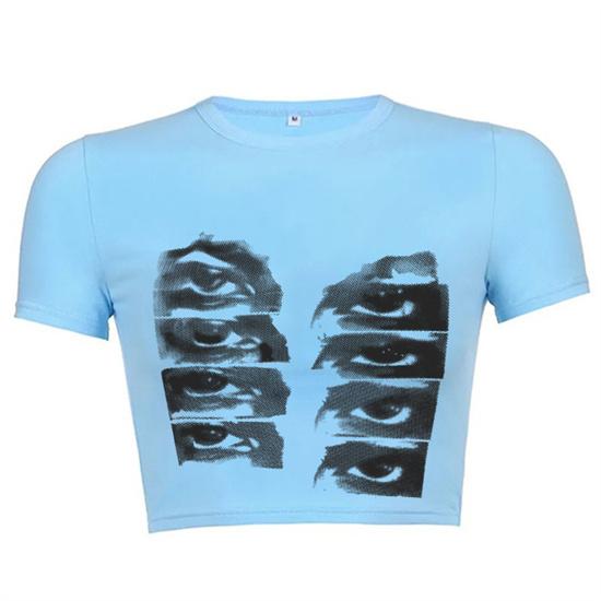 Винтажная футболка с короткими рукавами, женская Y2k, укороченный топ с эстетическим графическим принтом глаз, уличная одежда, Harajuku, готическая футболка с круглым вырезом, тонкая