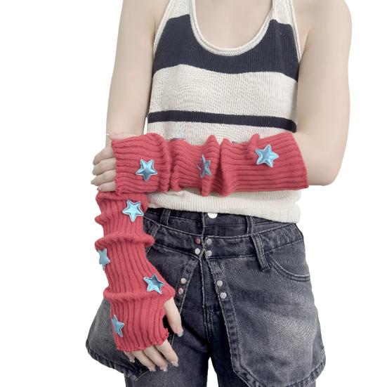 Вязаные митенки для девочек, длинные перчатки до запястья без пальцев, зимние нарукавники со звездой и отверстием для большого пальца для женщин, уличная одежда, вечеринки