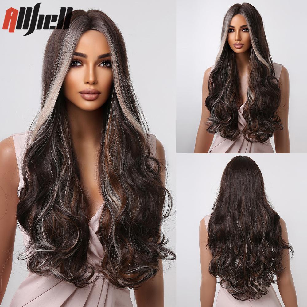 Длинные черные парики из синтетических волос со светлыми челками, естественная волна для женщин, костюм для косплея на Хэллоуин, парик, термостойкий для вечеринок