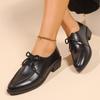 Bow Block Heel Small Leather Shoes Women's Pointed Toe Deep Mouth Lace-Up Front Plus Size Versatile Kitten Heel Single