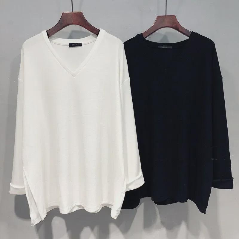 Женский топ с V-образным вырезом и длинными рукавами, осень 2023 года, свободный, средней длины, с разрезом