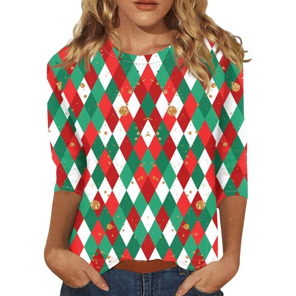 Женская мода повседневная рубашка с круглым вырезом и рождественским принтом, семь рукавов