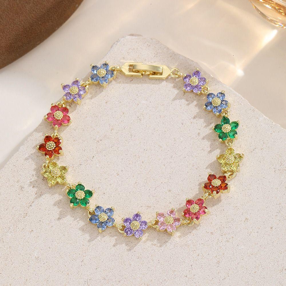 Sparkling Flower Bracelet Light Luxury Dopamine Wrist Jewelry Colorful Zircon Bangle Holiday Party
