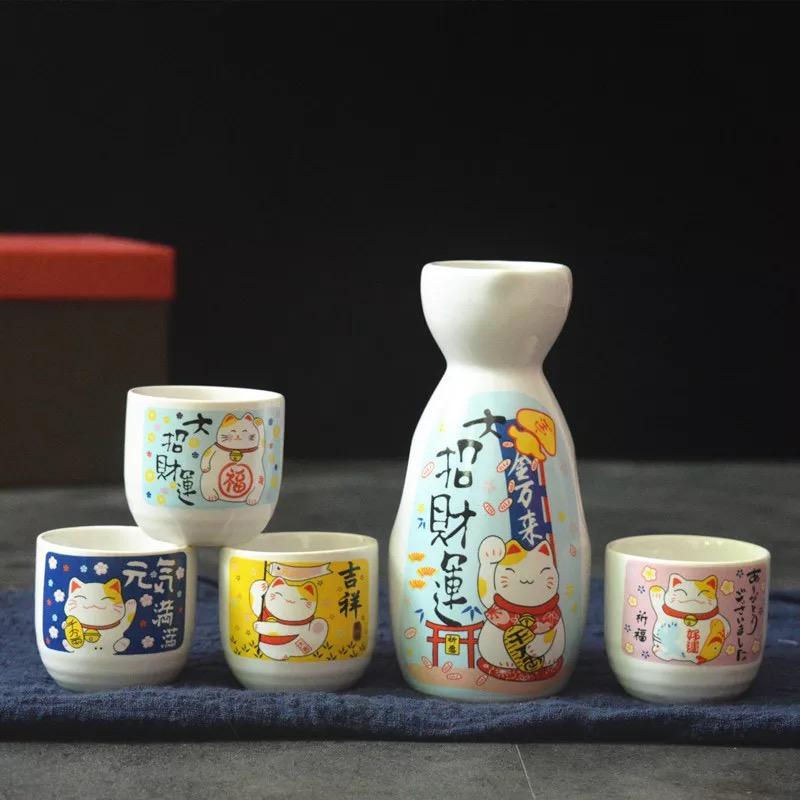 5 шт./компл., японская керамическая бутылка для вина Lucky Cat Sake, креативная фляжка Maneki Neko, ликер, спиртные напитки, чашка для вина, посуда для напитков