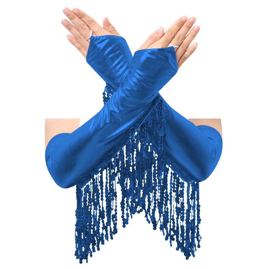 Перчатки без пальцев до локтя для взрослых: Искрящиеся Пайетки, Дизайн с Кисточками, Металлические Блестящие Перчатки для Сцены, Оперы, Косплея и Вечеринок