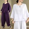 Плюс Размер 2025 Летние Брючные Костюмы Женские Однотонные Комплекты Костюмы Свободные Рубашки Длинные Шаровары Повседневная Одежда