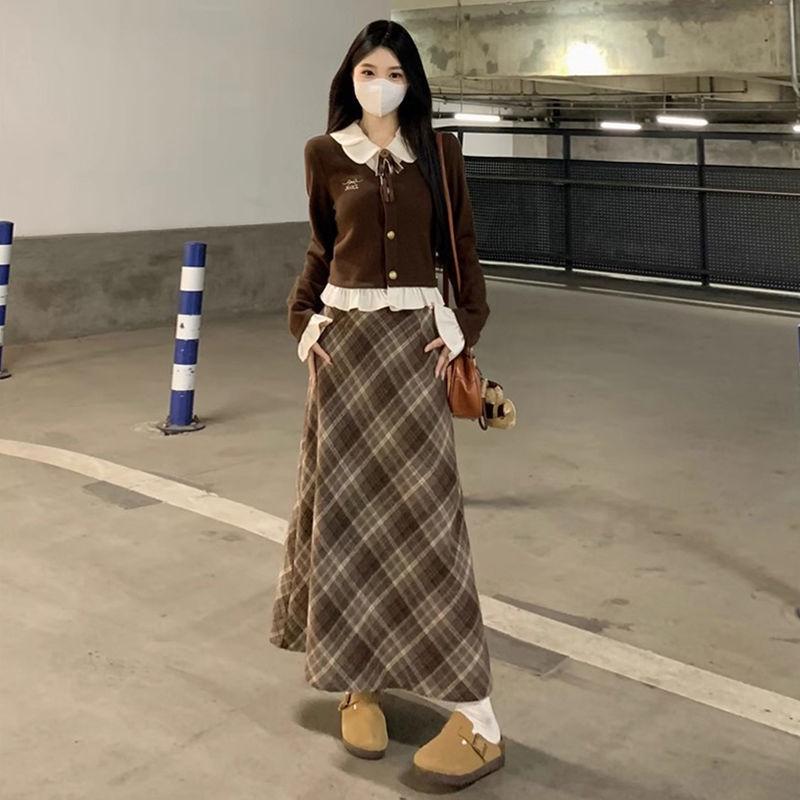 Комплект: Маленькая ретро клетчатая юбка и топ с длинным рукавом в стиле пэчворк для женщин Осень/Зима