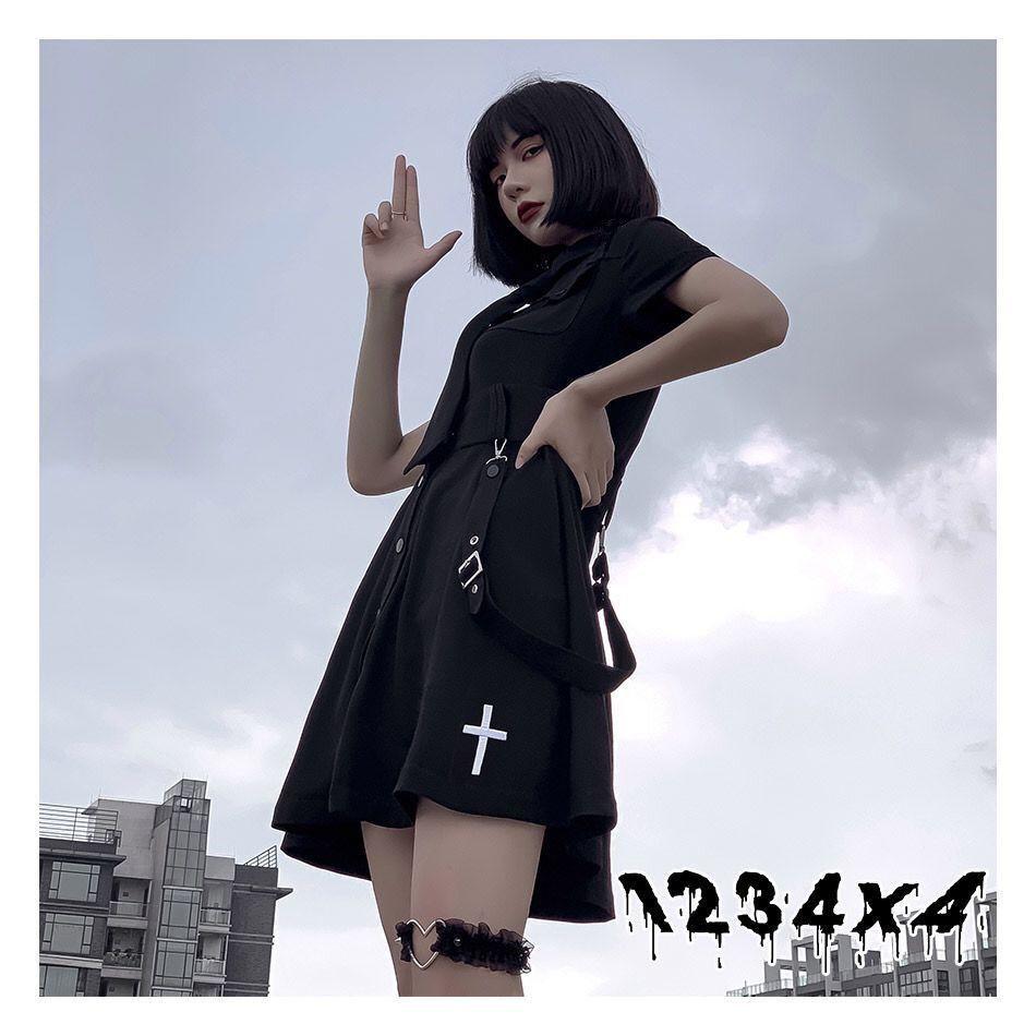 Women Black Y2k Dress French Cross Embroidery Punk Dark Dress JK Uniform College Style Gothic Street Skirt