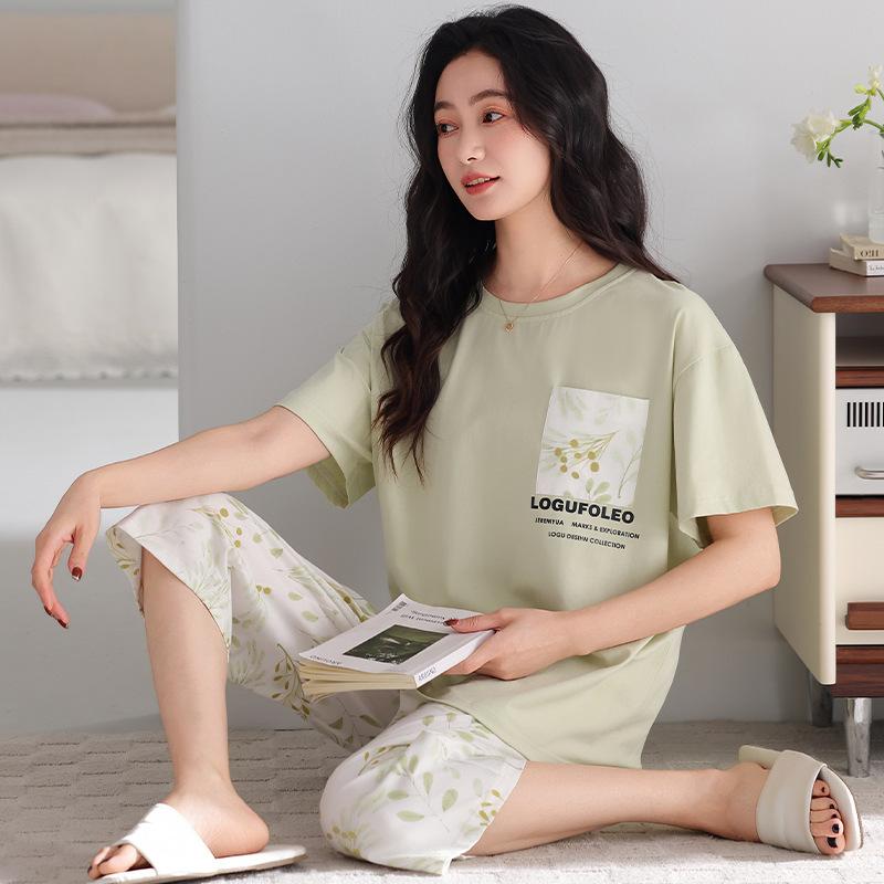 Pajamas women's summer new modal cool cotton short-sleeved cropped pants set ice silk thin can be worn outside loungewear