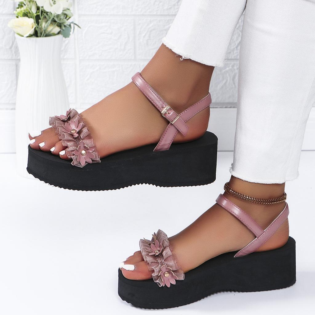 Women Sandals New Summer Chunky Platform Shoes Women Soft Leather Medium Heels Sandals Women Floral Cutout Beach Sandals