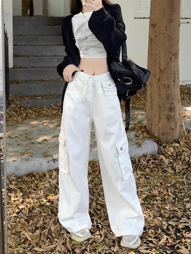 Women's High-Waist White Cargo Jeans with Wide Legs - Autumn Collection