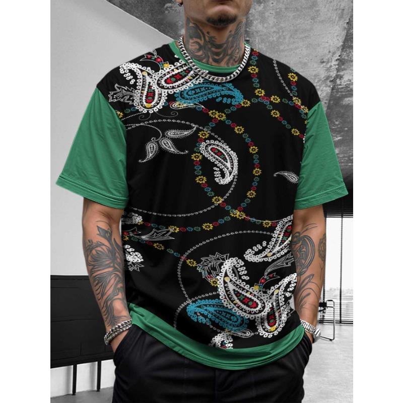 Bohemian Bandana Patterned Short - Sleeve Tops Summer Round Neck 3D Print Fashionable Casual Men's T-shirts