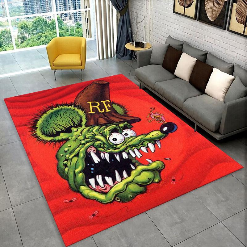 3D Rat Fink Cartoon Racing Car Moto Sign Carpet Rug for Bedroom Living Room Sofa Doormat Home Decor,Kid Game Area Rug Non-slip