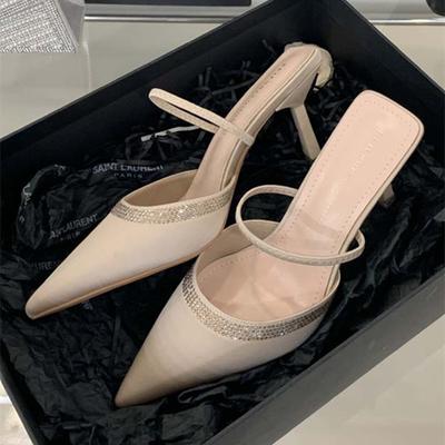 Модные роскошные атласные сандалии-слайдеры на каблуке, украшенные стразами, женские сексуальные туфли-лодочки с острым носком и задним ремешком, летние элегантные женские шлепанцы