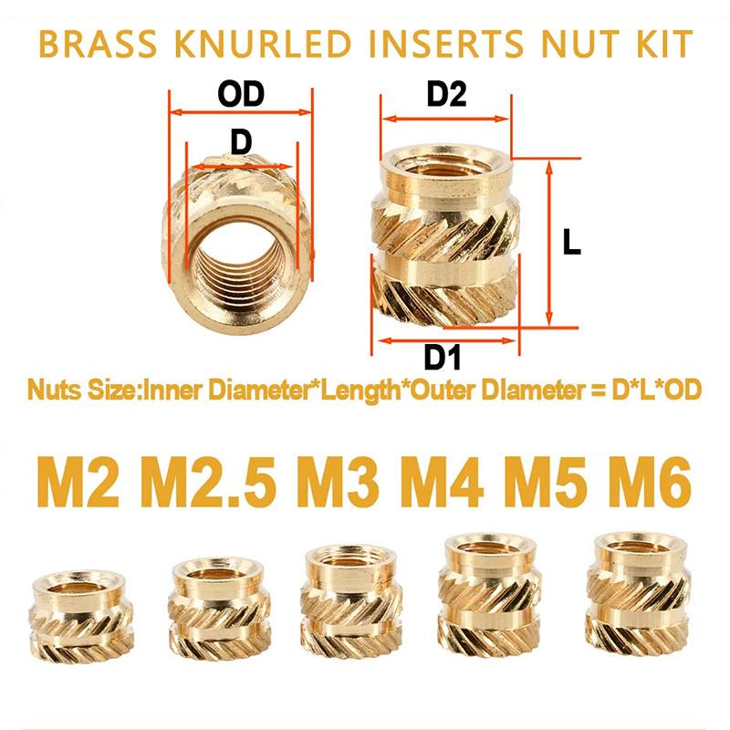 Brass Hot Melt Heat Insert Nuts Kit M2 M2.5 M3 M4 M5 M6 Thread Embedment Copper Nut Pressed Fit into for 3D Printer Plastic Case
