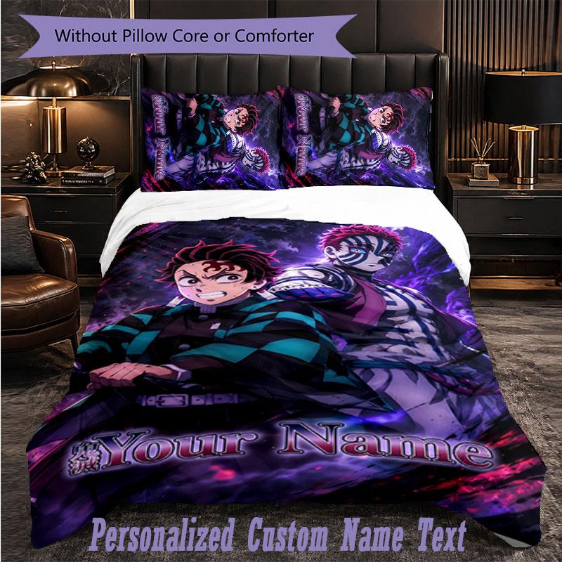 Personalized 3Pcs Bedding SetDemon Slayer Custom Text Duvet Cover Pillowcase Set Bedroom Gift