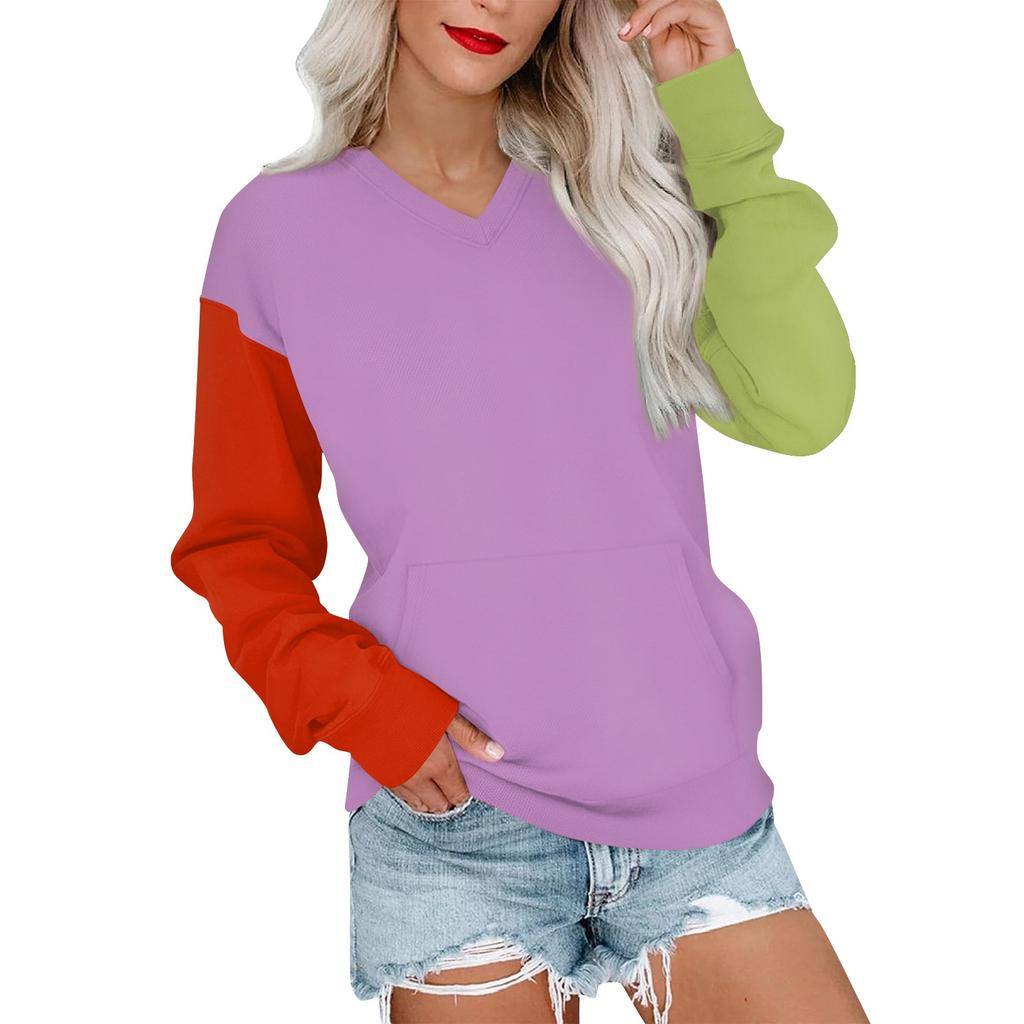 Женская повседневная модная цветная стеганая толстовка с V-образным вырезом и длинным рукавом, легкий пуловер с карманами
