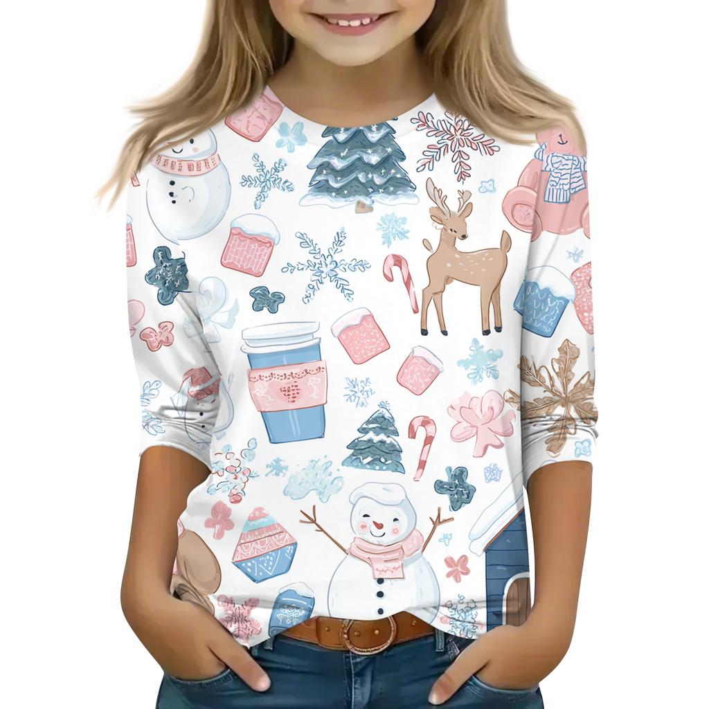 Children's 3/4 Sleeve Round Neck Top Christmas Tree Printed Everyday Casual Top