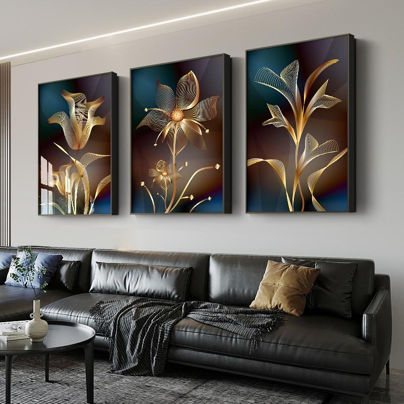 Abstract Black Golden Flower Luxury Poster Nordic Art Plant Leaf Canvas Painting Modern Wall Picture for Living Room Decor