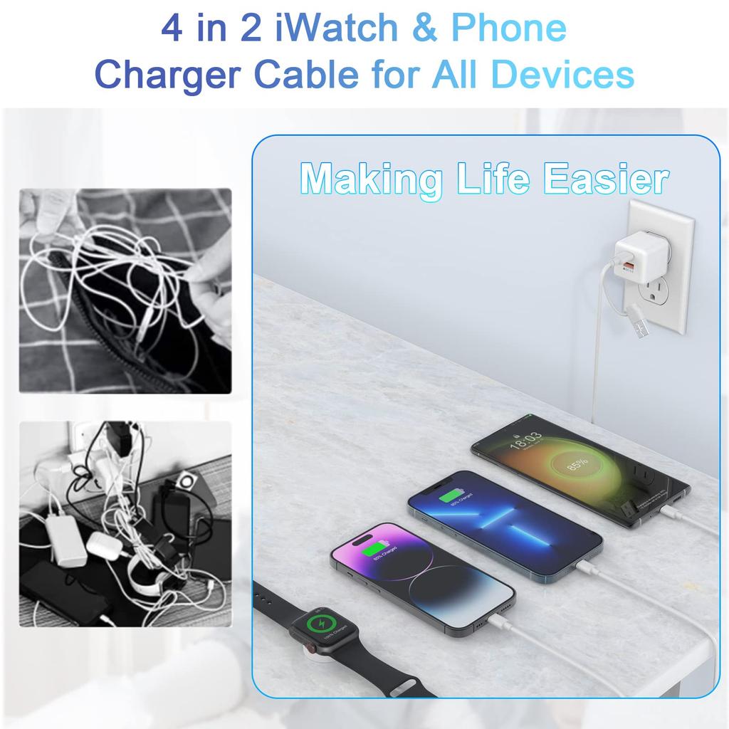 4 In 2 Apple Watch Charger Cable,Multi iPhone Watch Charger Cable - Fast Magnetic iWatch Charger, Compatible with Apple Watch