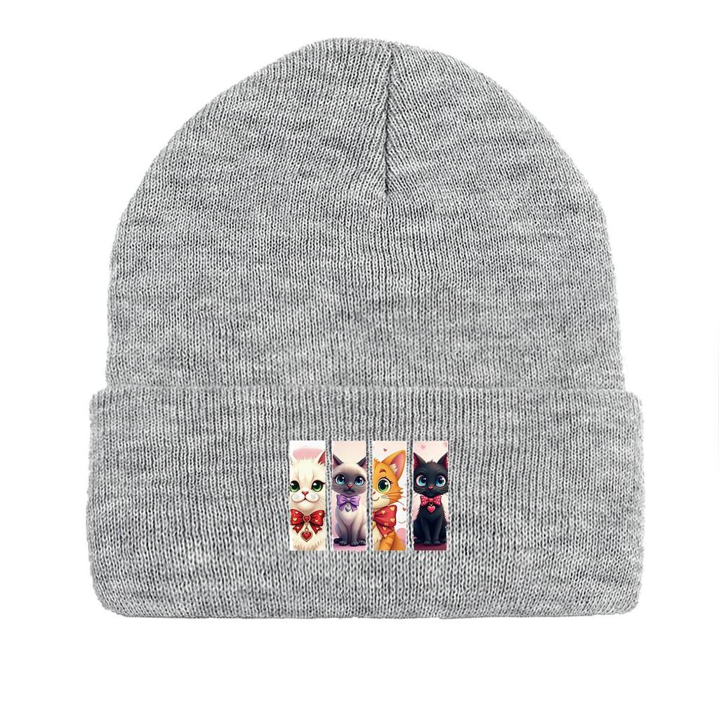Зимняя вязаная шапка с изображением мультяшного кота, шапка с черепом животного, легкая манжета, модная вязаная шапка-капка
