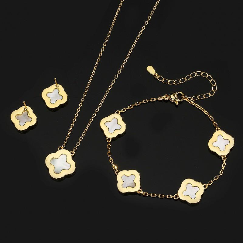 Womens Natural White Shell Clover Pendant Necklace Earring Bracelet Set With Rhinestone Accents Fresh Sweet Style