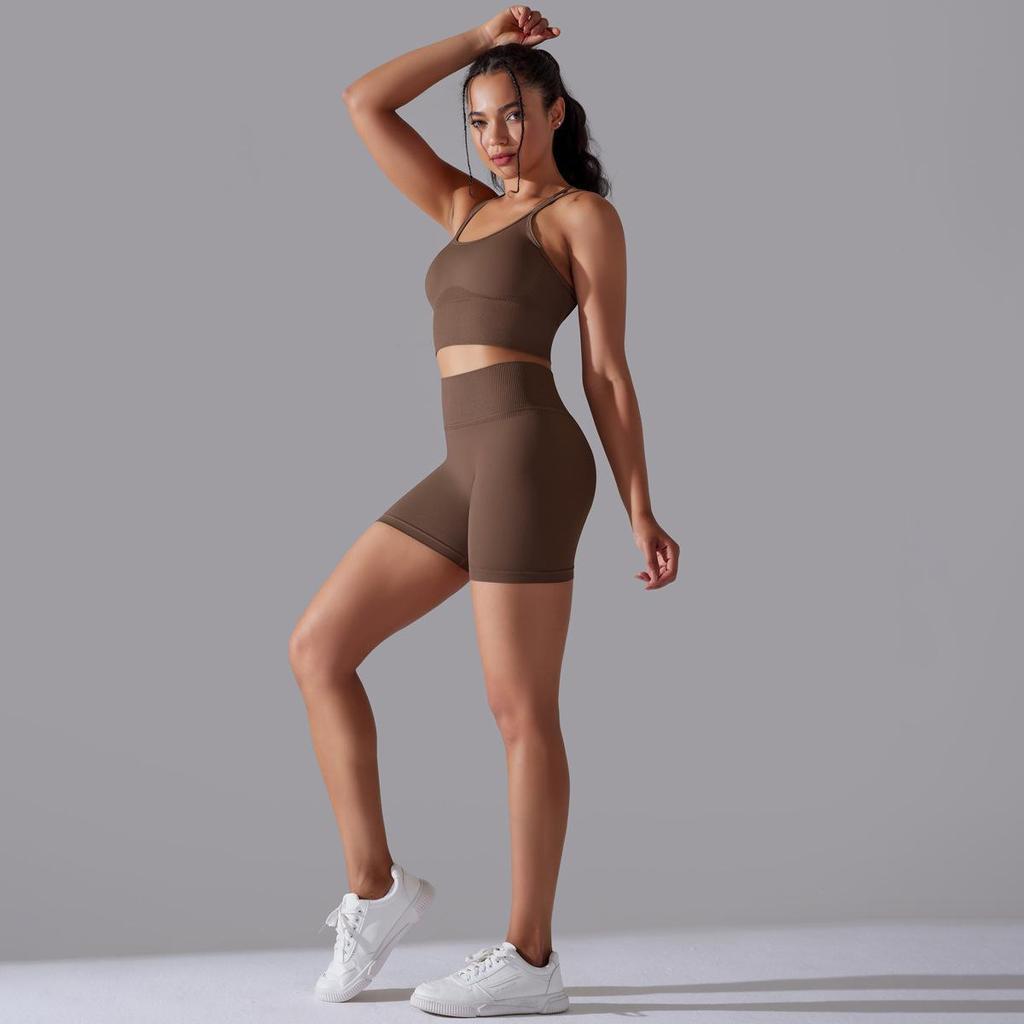 Бесшовный вязаный однотонный спортивный костюм с высокой эластичностью на спине для йоги и бега, комплект из двух предметов