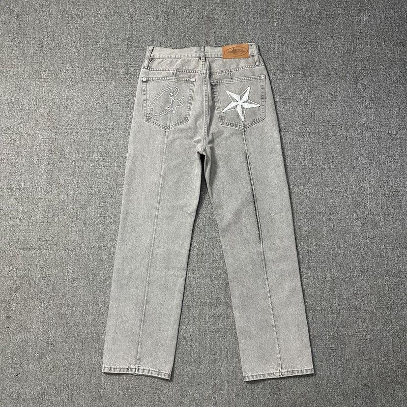 Corteiz Alcatraz Denim Shorts Mens Embroidered Star Vintage Washed Straight Fit Casual Mid-Rise Short Pants