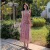 2025 Summer French Pink Chiffon Floral Slim Fit Camisole Dress
