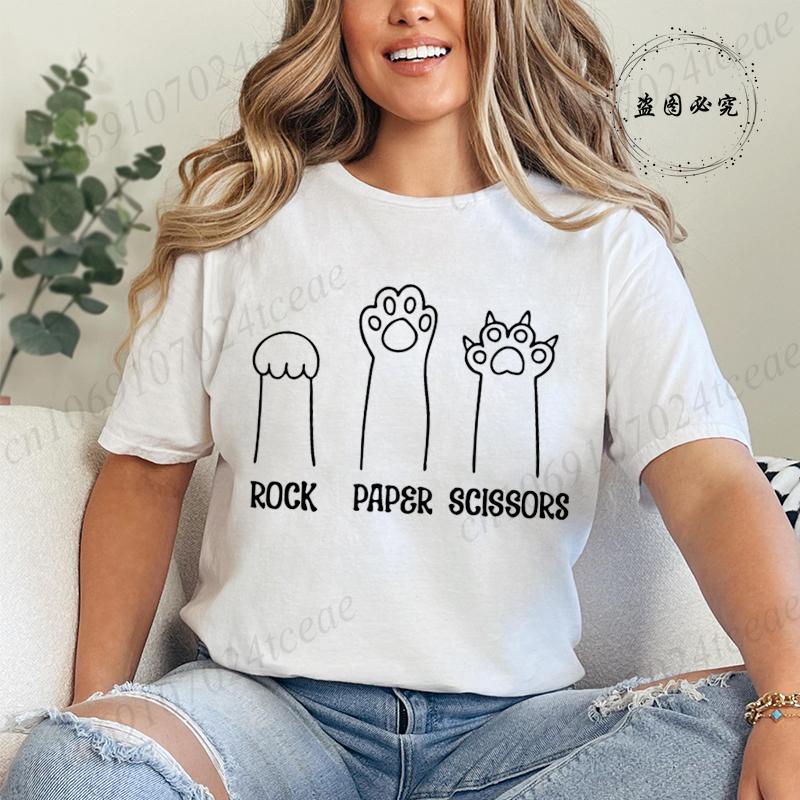 Rock Paper Scissors Tshirt Funny Cat Paw Print T-Shirt Summer Fashion Cat Lover Tshirt Women Men Short Sleeve Tee Shirt Clothing