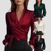 European and American temperament commuting long-sleeved bubble sleeves slim-fitting V-neck woven shirt top