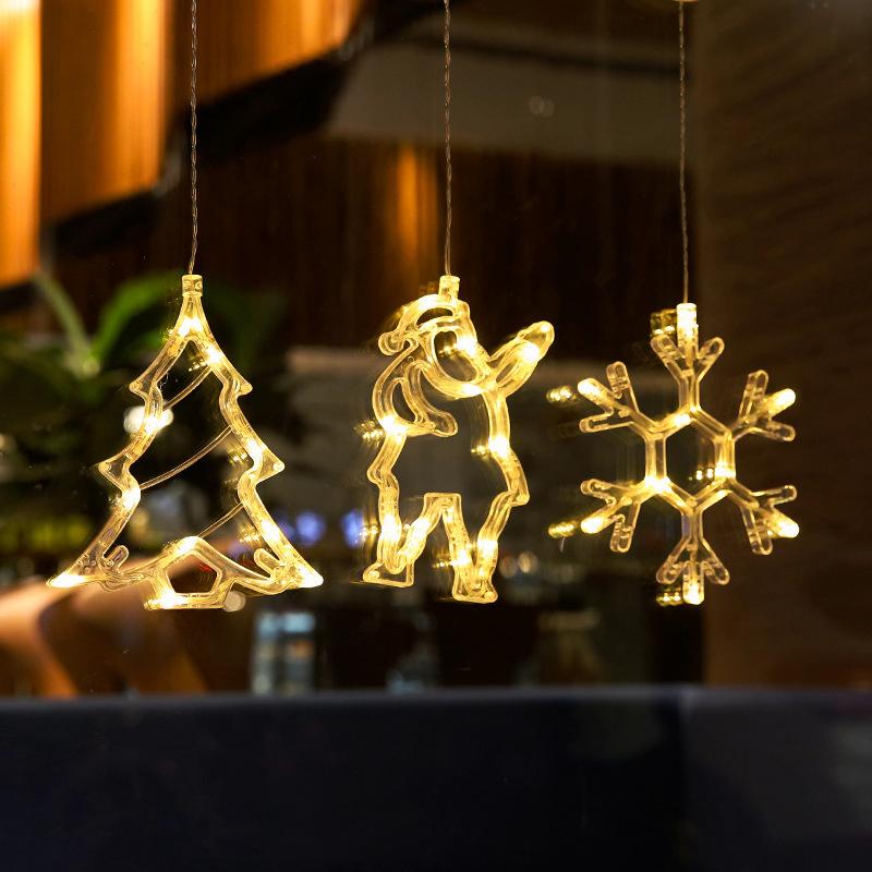 1Pcs Christmas LED String Light Sucker Christmas Tree Pendant Window Ornaments Snowflake Santa Bells Fawn Pentagram