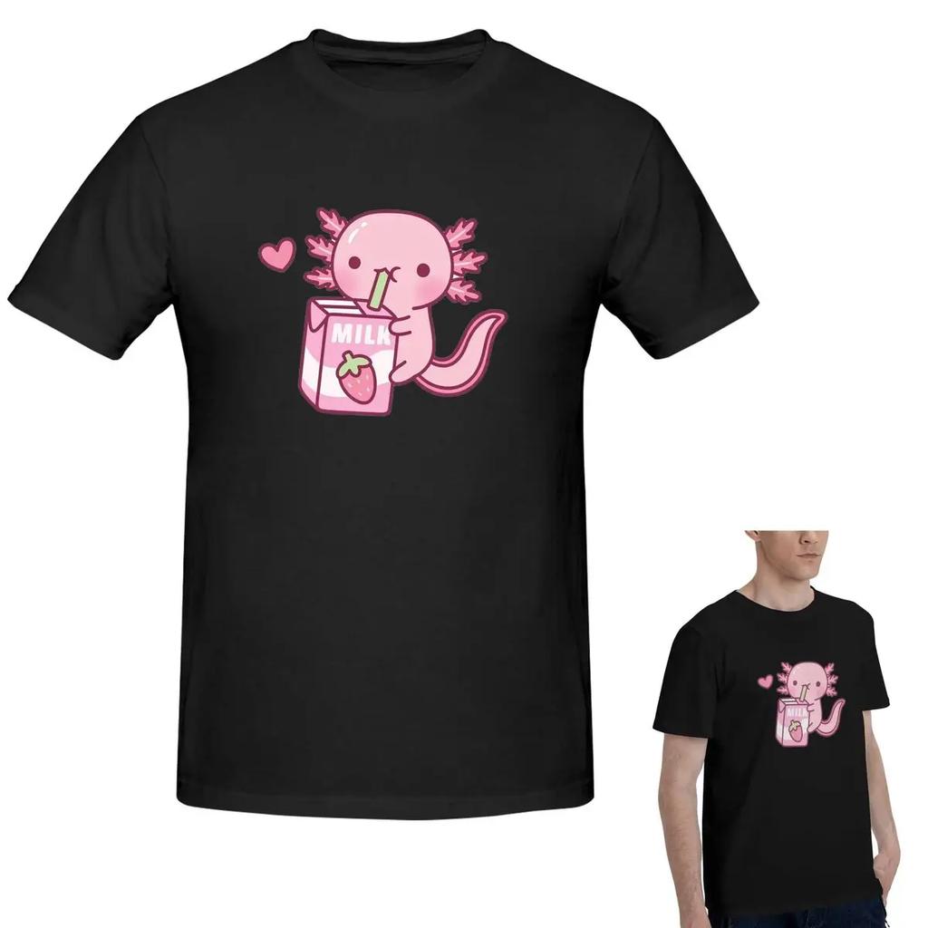 100 Cotton Cute Axolotl Loves Strawberry Milk Doodle Tshirt Unisexs Classic Oversized T Shirt Unisex Oneck Summer Shirts Tops