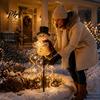 Festive Atmosphere Decoration for Lawn Solar Snowman Garden Light with Flowing Snowflakes, LED Christmas Waterfall Seasonal Outdoor Lighting Walkways