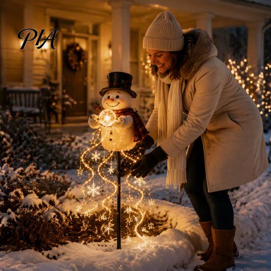 Festive Atmosphere Decoration for Lawn Solar Snowman Garden Light with Flowing Snowflakes, LED Christmas Waterfall Seasonal Outdoor Lighting Walkways