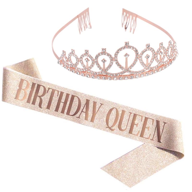 Birthday Tiara and Crown for Women Birthday Sash for Girls Birthday Decorations Rhinestones Headband Hair Accessories