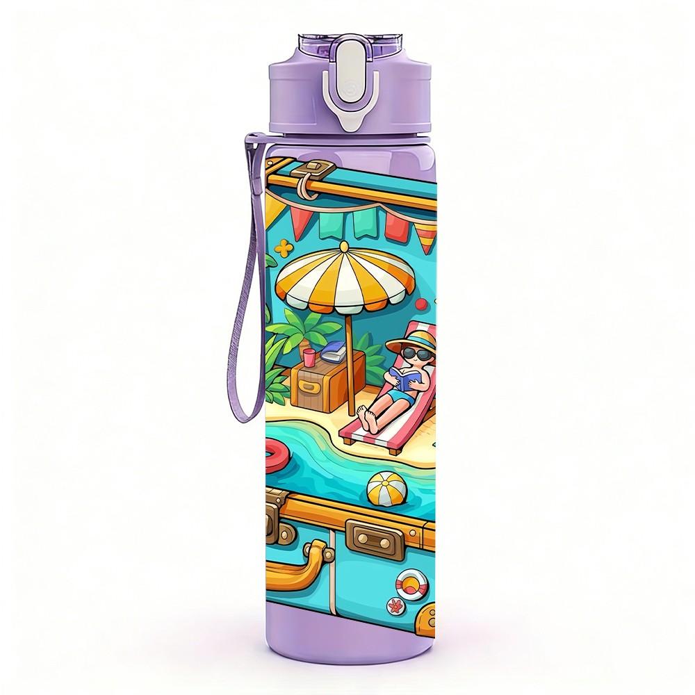 1PC Treasure Chest Nautical Pirate Print 750ml Color Plastic Sports Water Bottle Leakproof Flip Straw Lid Suitable for Sports Office Home Use
