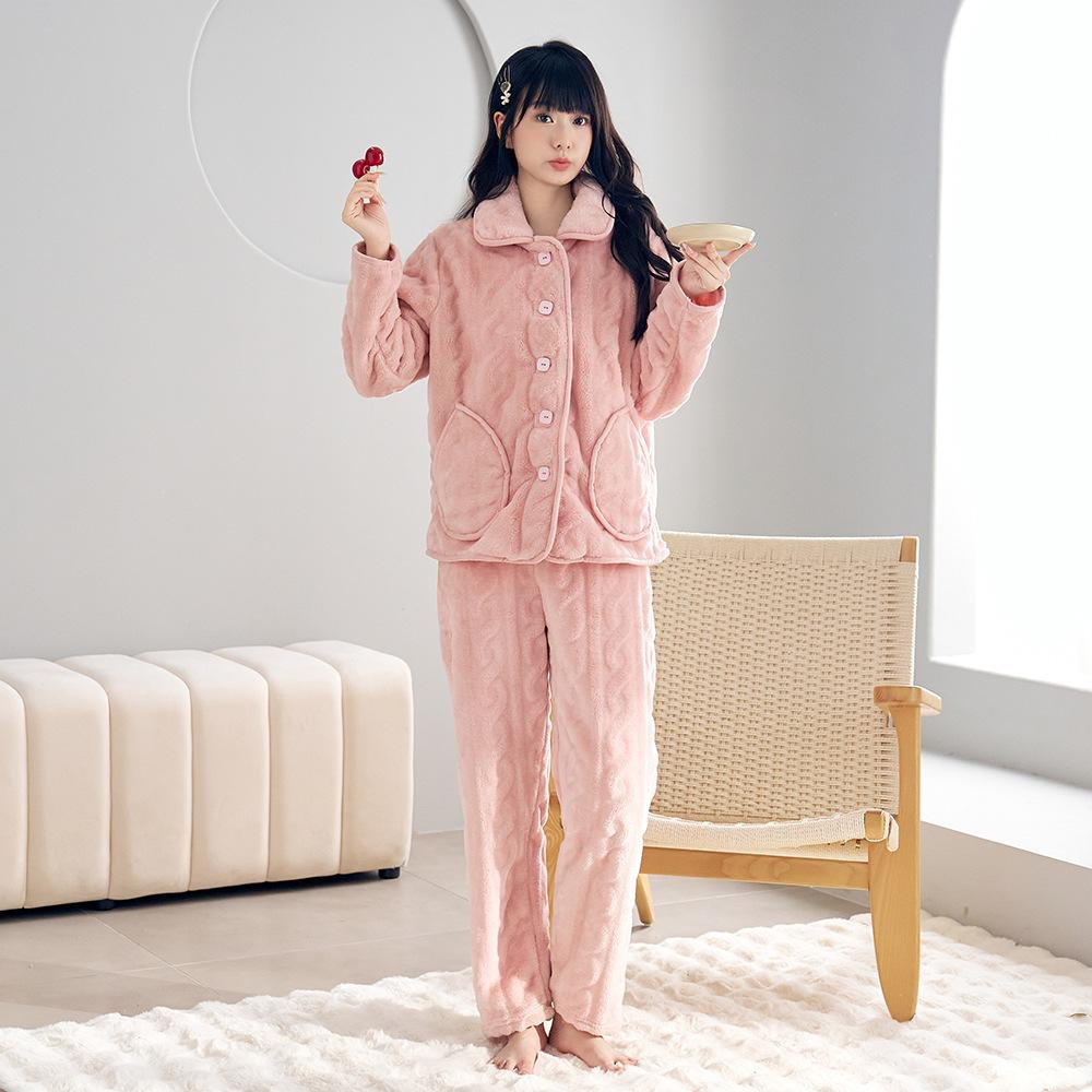 Plus Size Women's Dress with Cashmere and Thick Autumn and Winter Solid Color Long Sleeve Trousers Pajamas Set