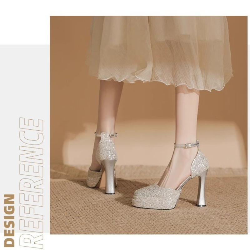 Fashion Sequins Fashion Women's Shoes 2025 Summer New High Heeled Sandals Large Size Women's Shoes Gold Silver