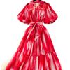 Red and white smudged bubble sleeve shirt dress women's summer strap waist printing pendulum long skirt literary and retro