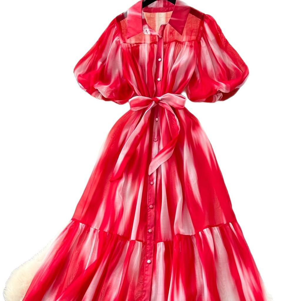 Red and white smudged bubble sleeve shirt dress women's summer strap waist printing pendulum long skirt literary and retro