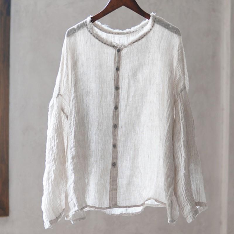 Johnature Винтажные женские рубашки с круглым вырезом и длинным рукавом на пуговицах, осенние свободные однотонные повседневные женские рубашки